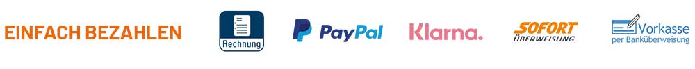 Zahlungsmöglichkeiten: Auf Rechnung, per Paypal, mit Klarna, über Sofortüberweisung oder Vorkasse.